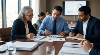 A retirement plan committee reviews a service provider agreement at a conference table.