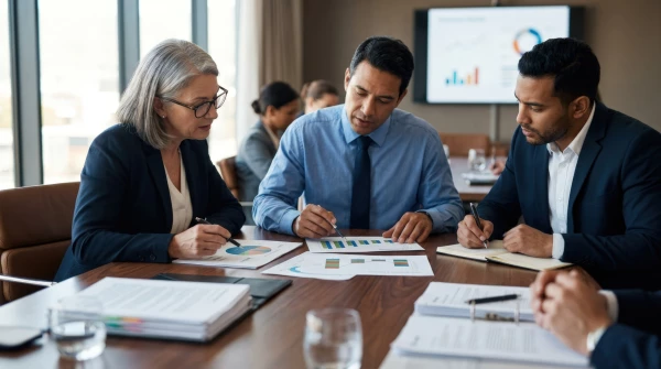 A retirement plan committee reviews a service provider agreement at a conference table.