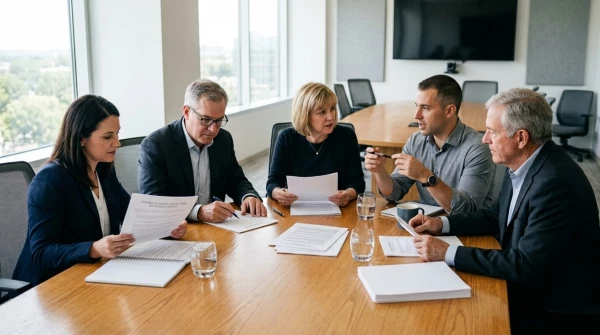 A retirement plan committee reviewing its investment policy statement at a meeting table